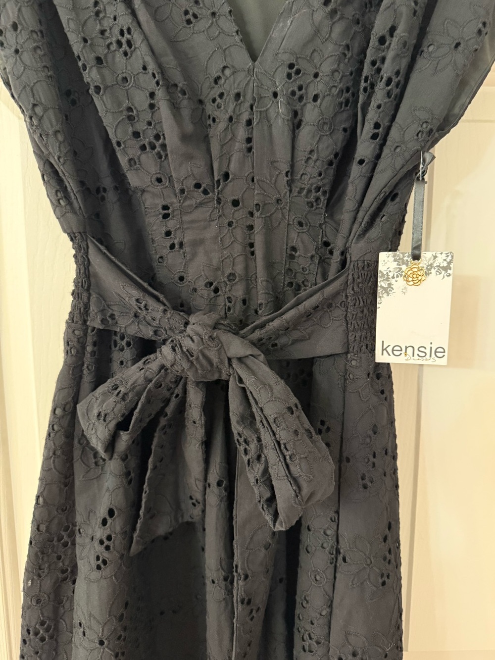 🖤kensie Black Eyelet Midi Wrap Dress with Waist Tie NWT - Picture 6 of 12